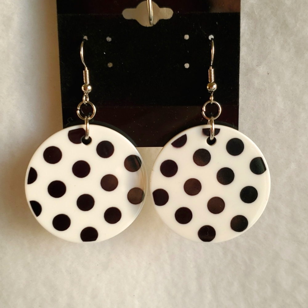 Womens white with black polka dots acrylic round hook earrings